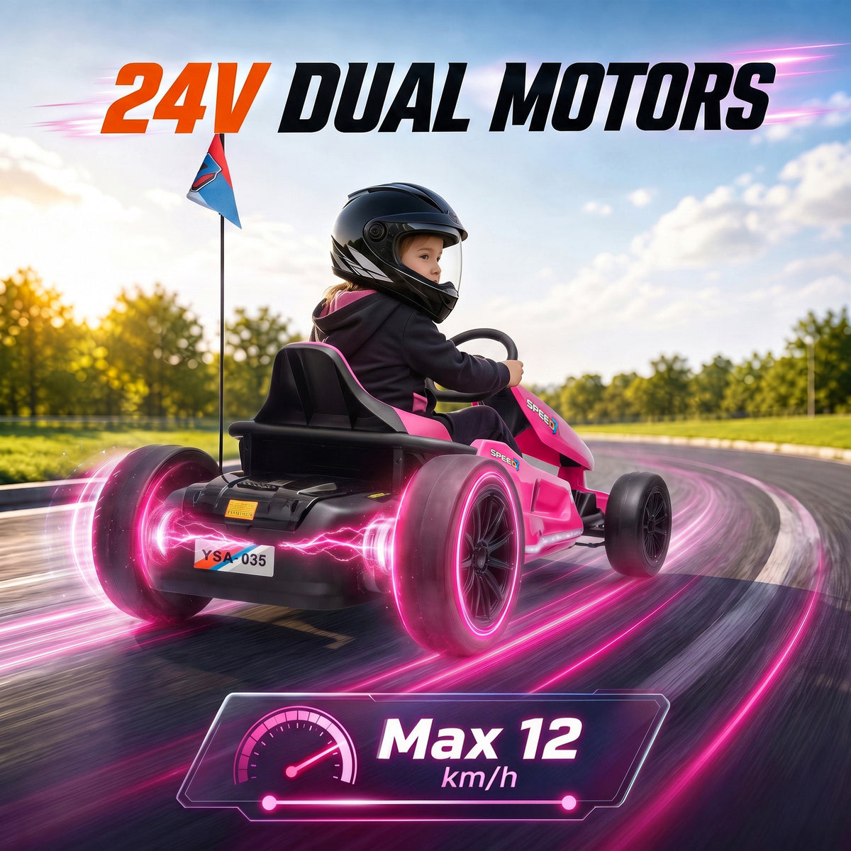 AIYAPLAY 24V Electric Drift Go Kart for Kids with Dual Motors, Soft Start, 12 KM/H High Speed, Headlight, for Ages 6-14, Pink