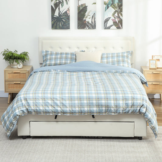 HOMCOM King Size Ottoman Bed Frame, with Front Drawer - Cream