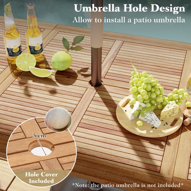 220 x 95cm Patio Dining Table Acacia Wood Tabletop with Umbrella Hole