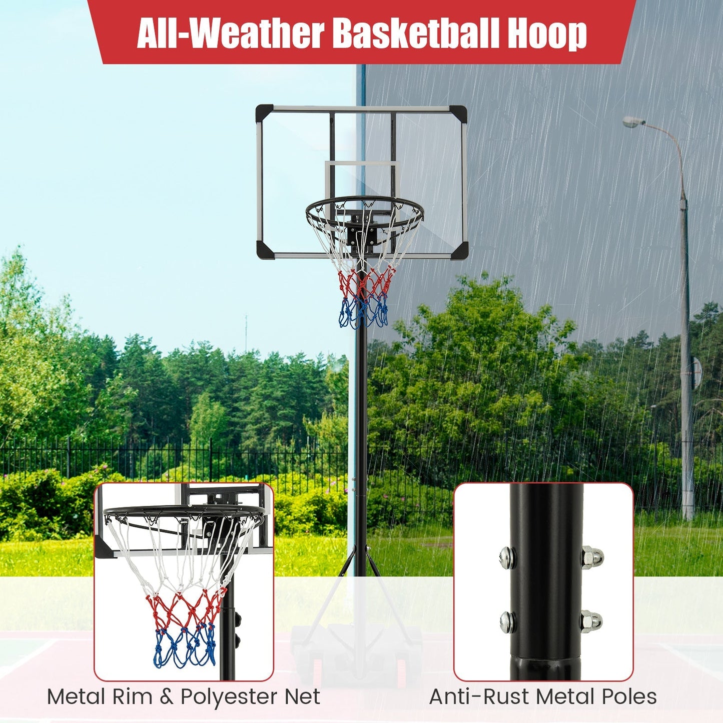 223-253 cm Portable Basketball Hoop with Front Wheels and Fillable Base