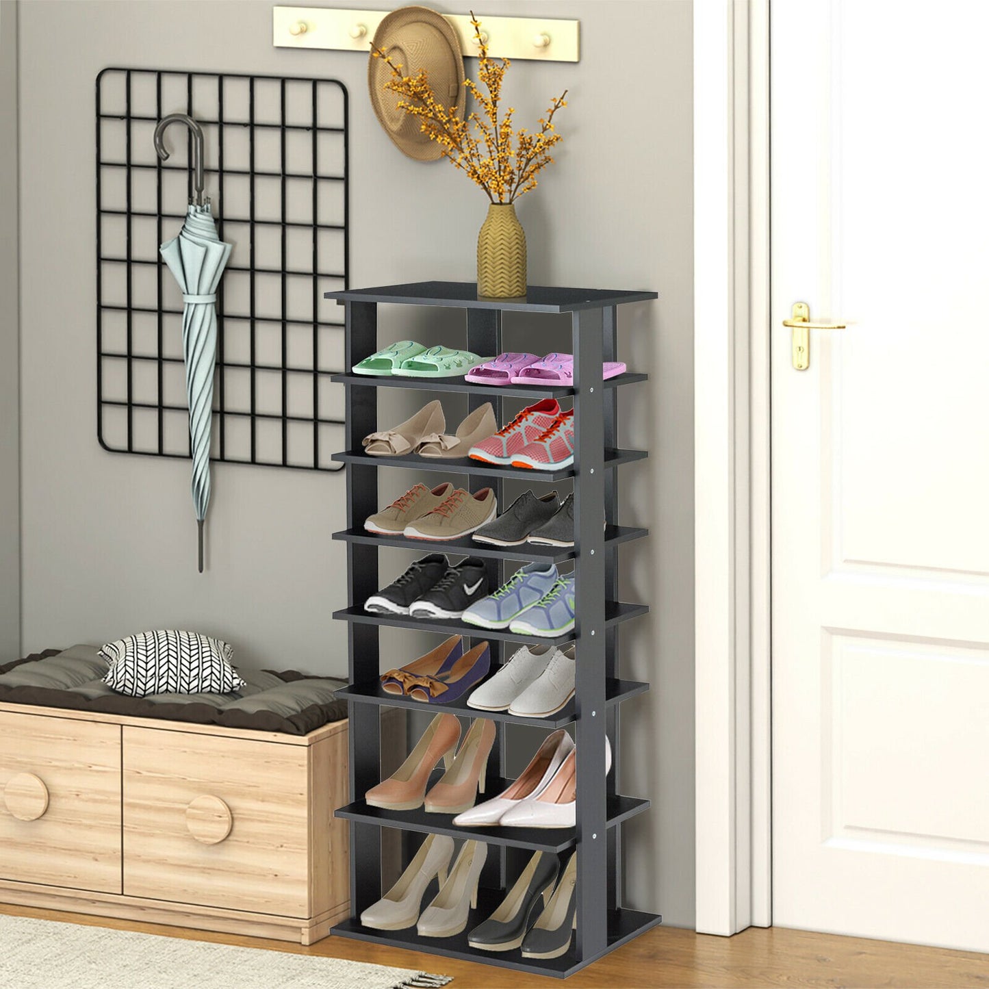 Extra Wide Wooden Vertical Shoe Rack with 7 Shelves-Black