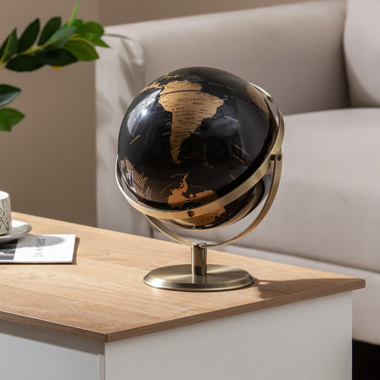 23CM Metallic Black World Globe with Metal Stand-Golden