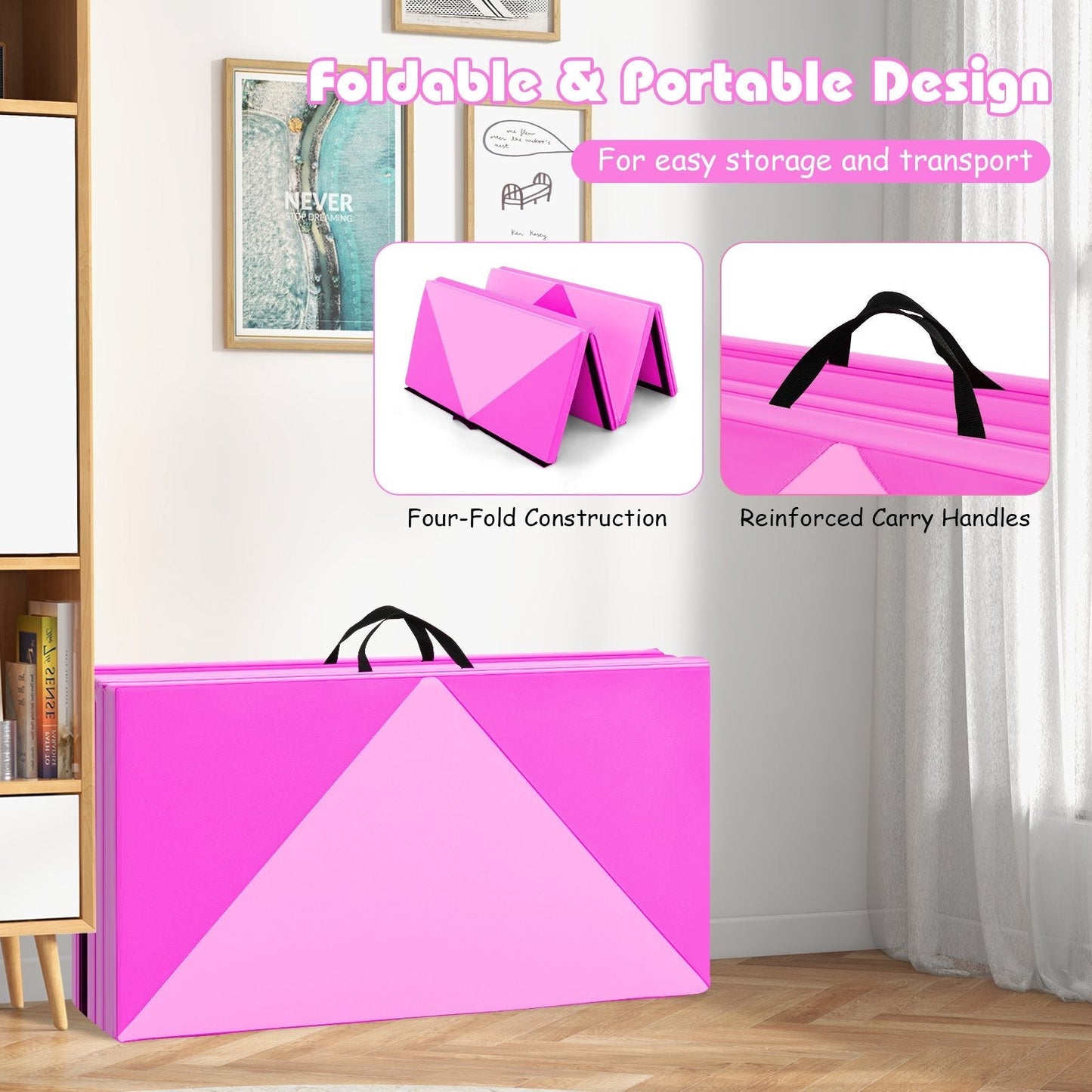 240cm PU Leather Folding Gymnastics Mat-Macaron Pink