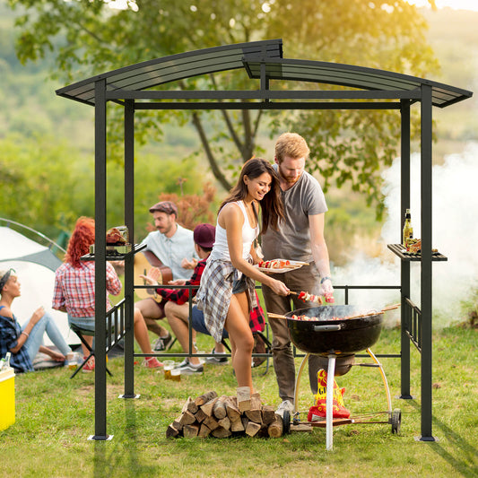 248 x 150 cm Hardtop Grill Gazebo with Vented Roof and Side Shelves-Black