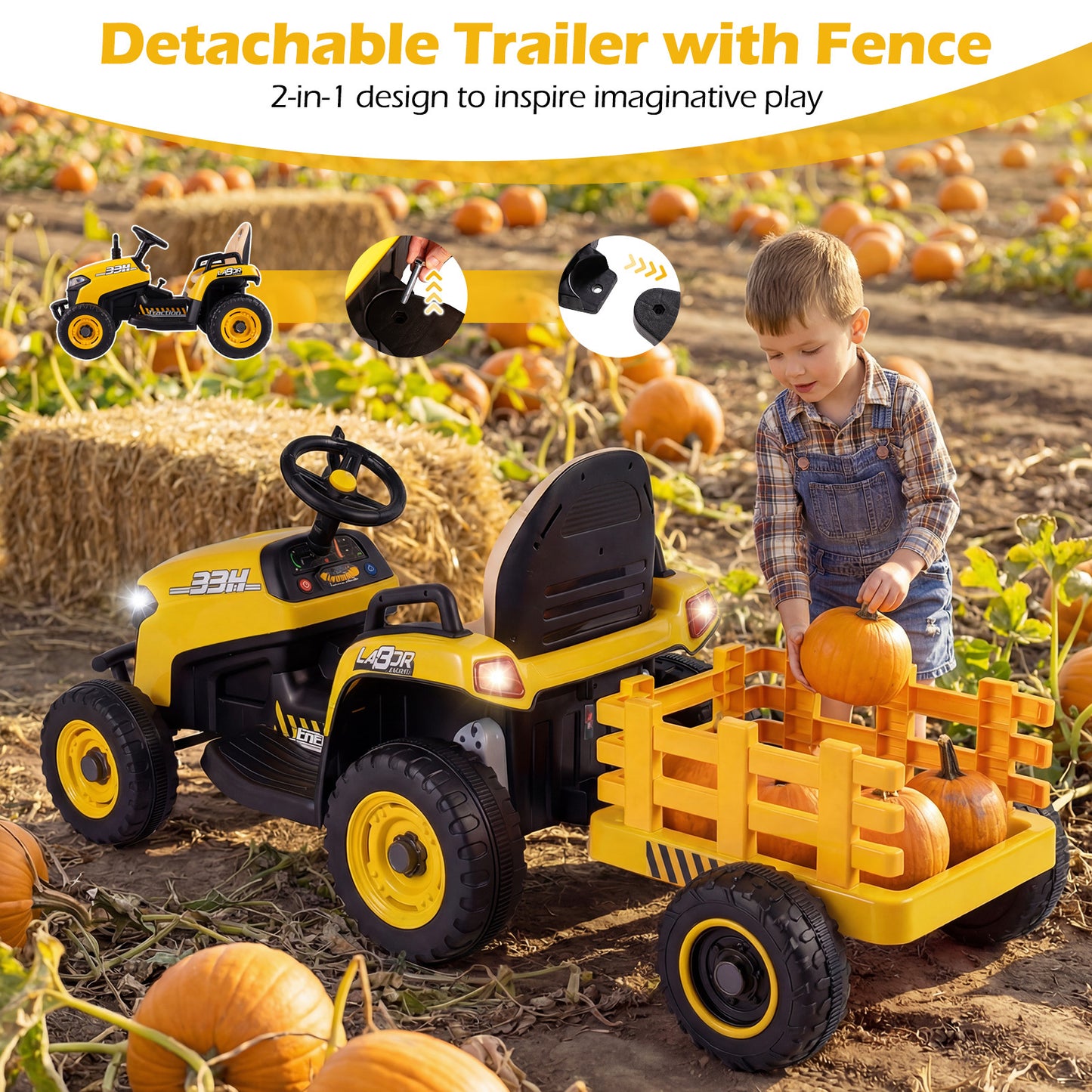 24V Ride on Tractor with Tiltable and Detachable Trailer Battery Powered Electric Tractor-Yellow