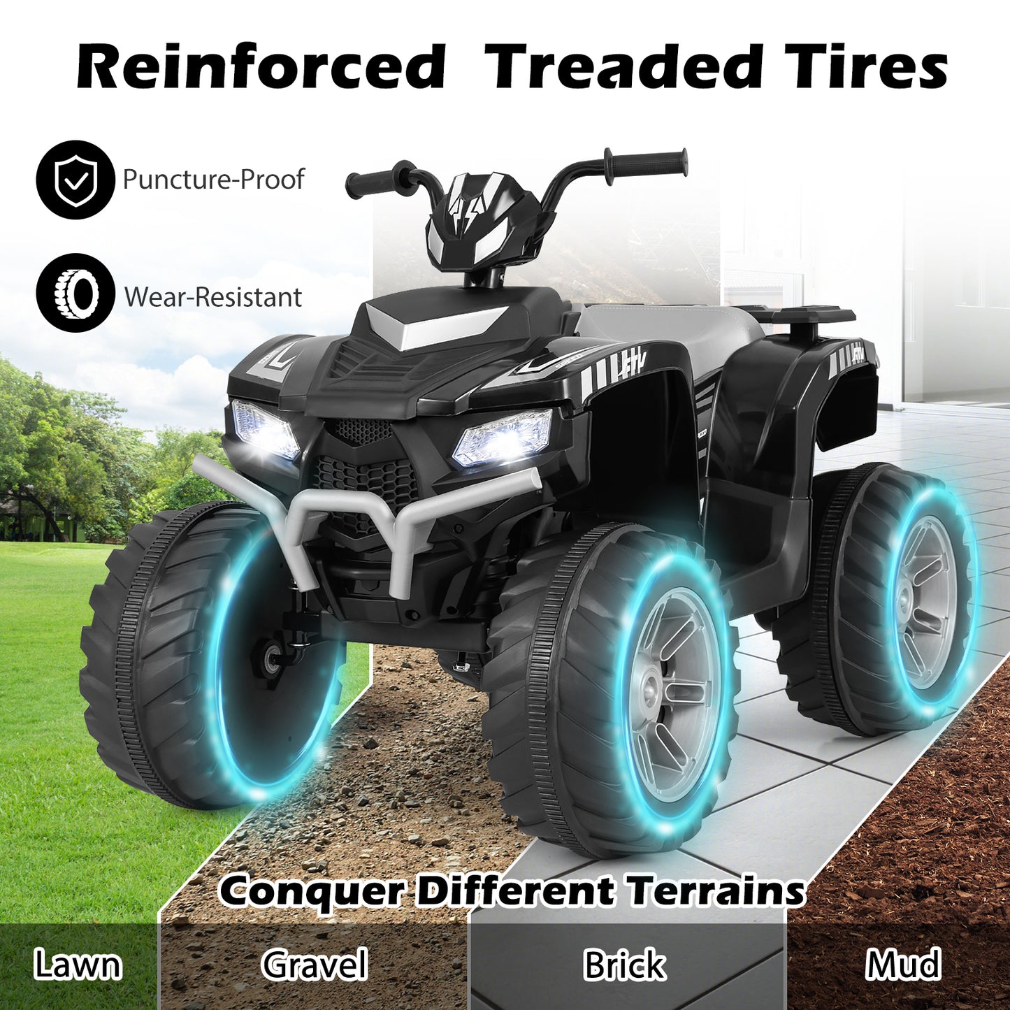 4-Wheeler Ride-On Toys with LED Lights and Wireless Connection-Black