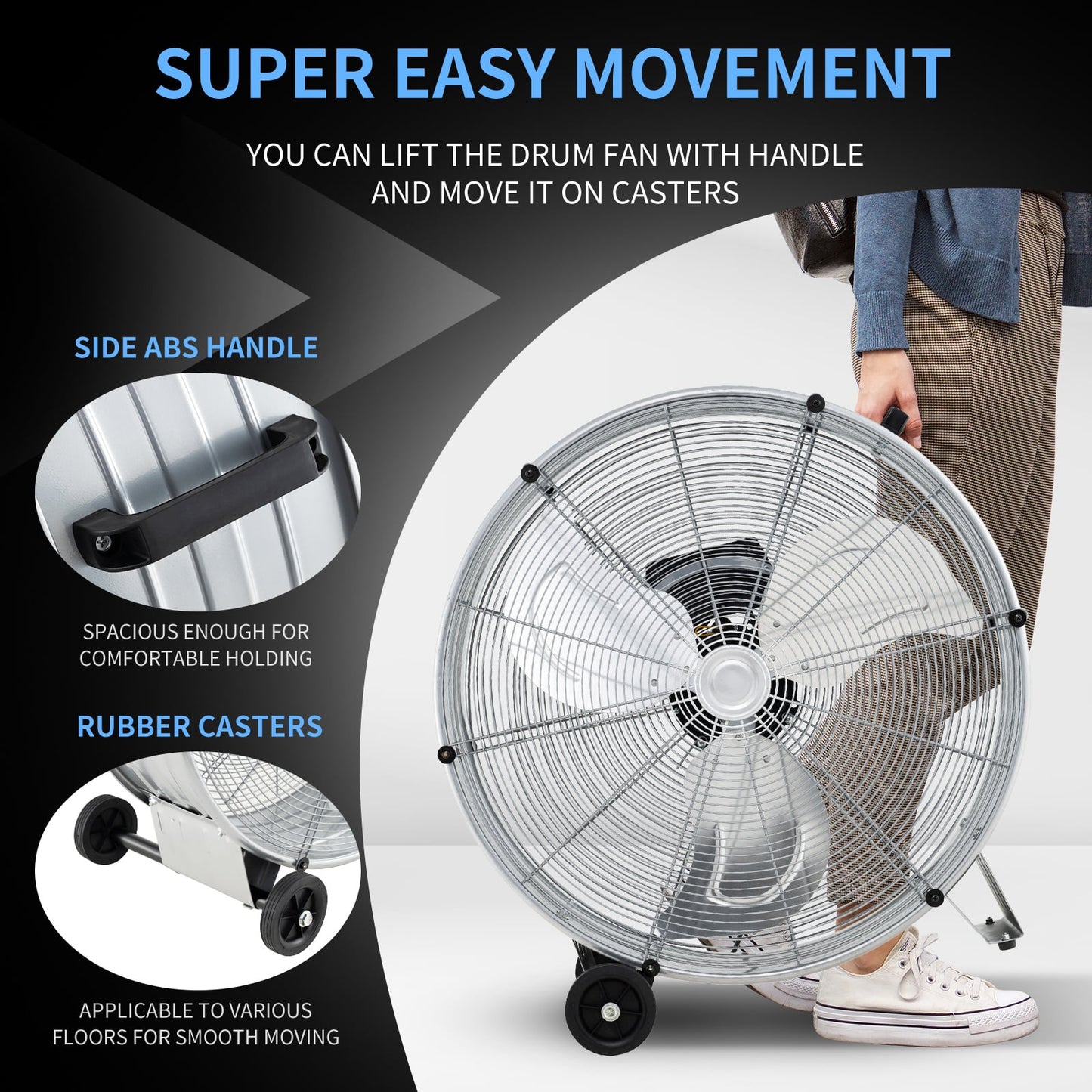 24 Inch High-Velocity Industrial Floor Fan with Wheels and Handle-Silver