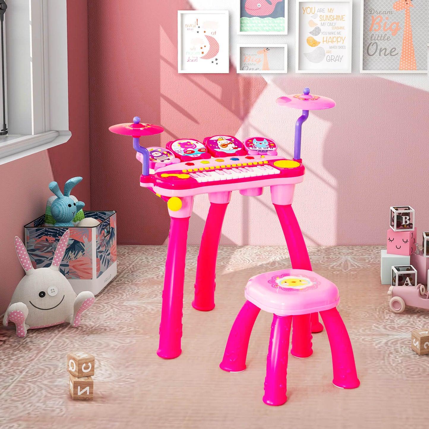 24 Keys Piano Keyboard Drum Set with Stool and Microphone for Kids-Pink