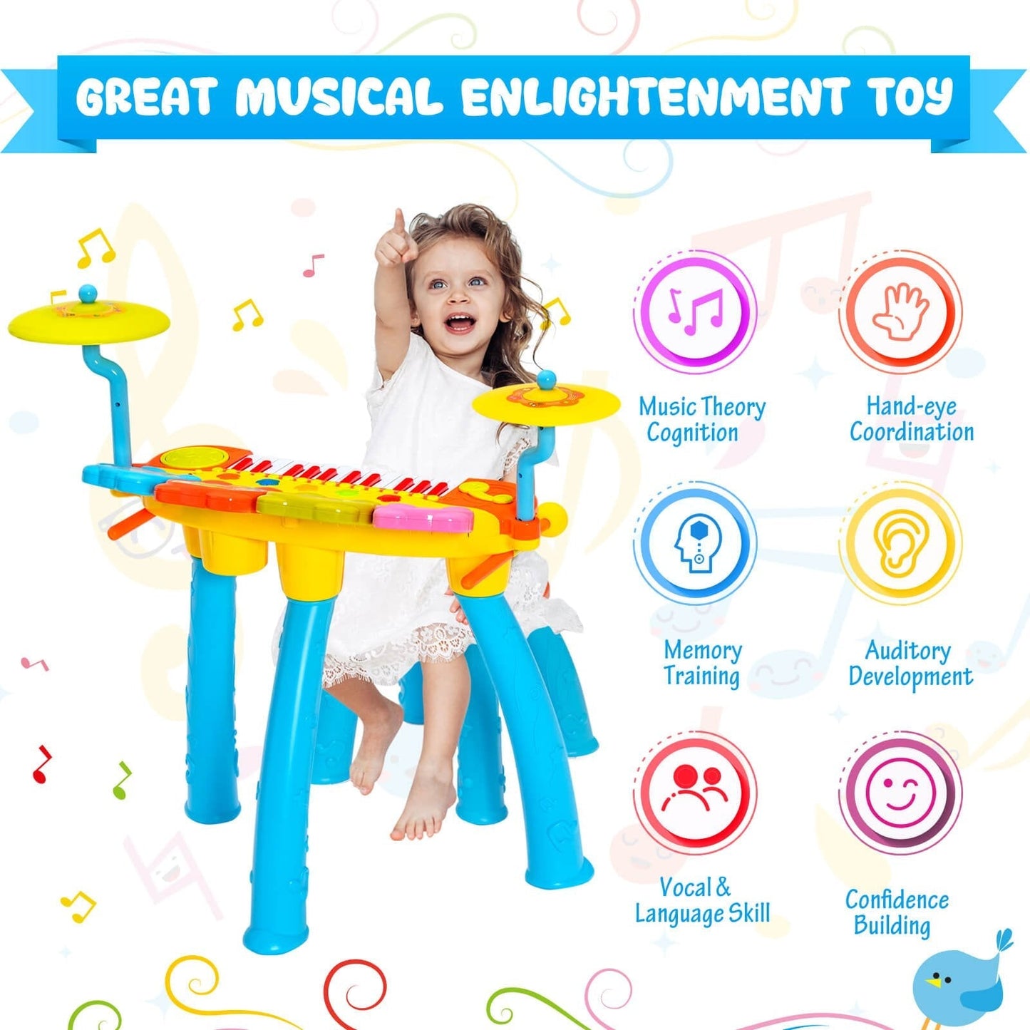 24 Keys Piano Keyboard Drum Set with Stool and Microphone for Kids-Blue