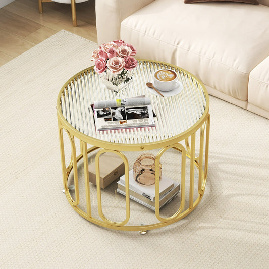 24 Inch Round Coffee Table with Reeded Tempered Glass Top-Golden