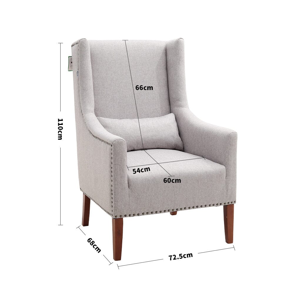 Grey Burlap High Back Studded Armchair with Cushion
