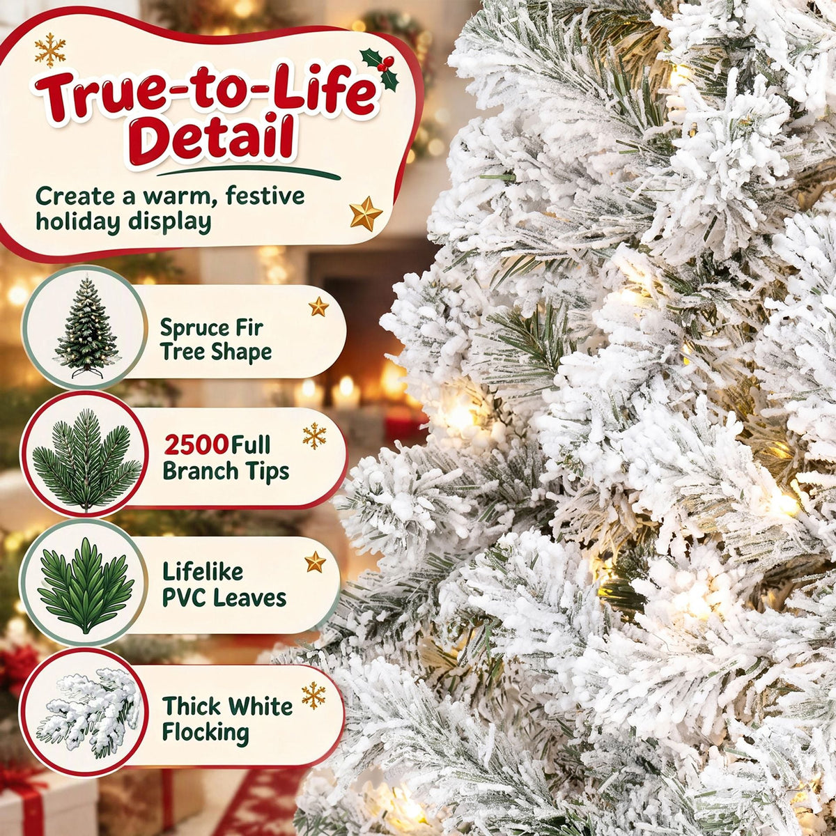274cm Artificial Snow-Flocked Christmas Tree with Branch Tips and Warm White LED Lights for Home