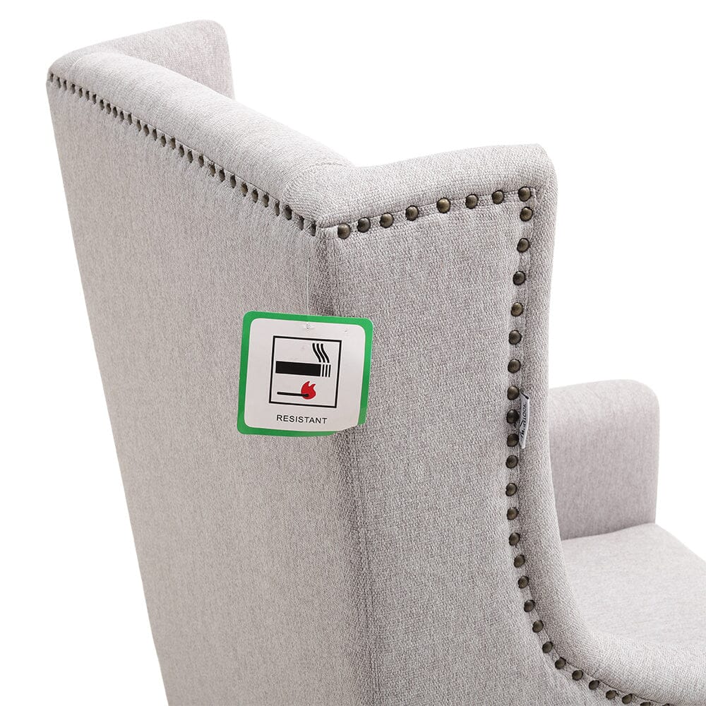 Grey Burlap High Back Studded Armchair with Cushion