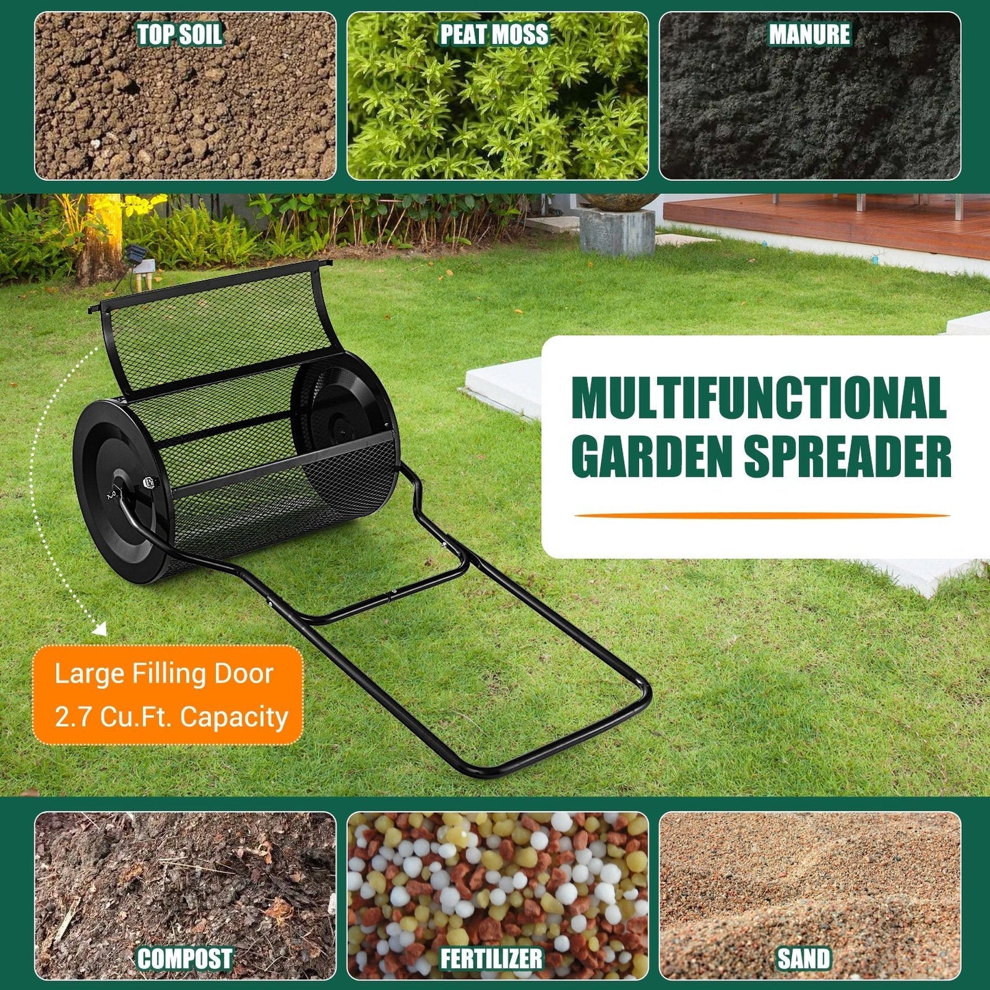 27 Inch Compost Spreader with Upgrade U-shaped Handle-Black