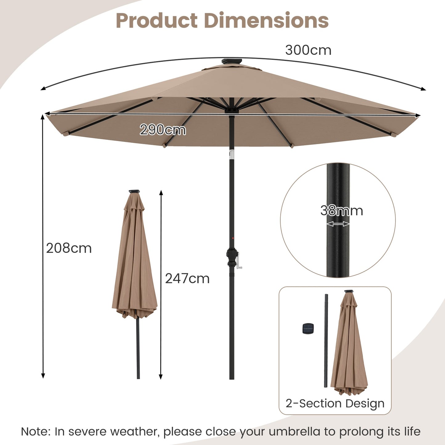 290 cm Solar Patio Umbrella with 96 LED Lights and 9 Modes-Coffee