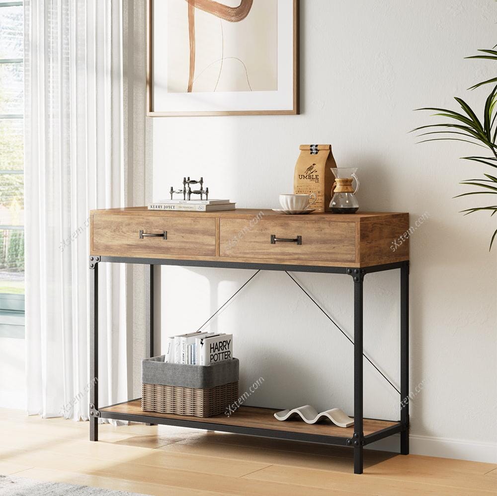 Industrial Wood Side Table with Drawers