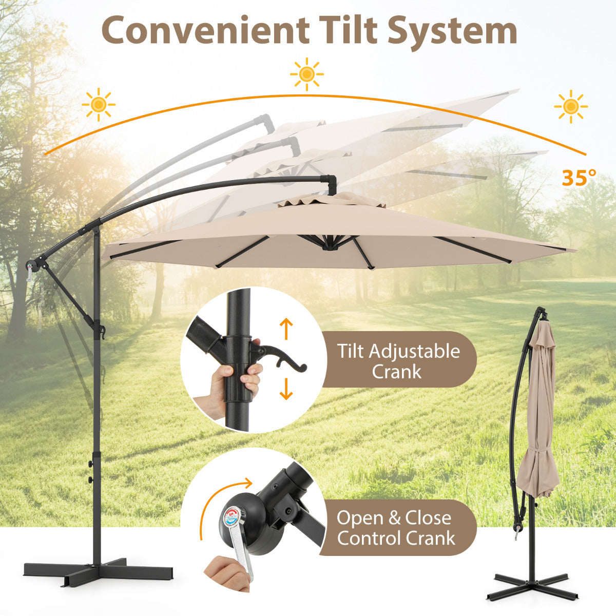 295 cm Patio Offset Umbrella with Easy Tilt Adjustment and Crossed Base-Beige