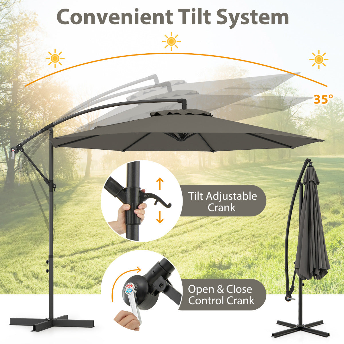 295 cm Patio Offset Umbrella with Easy Tilt Adjustment and Crossed Base-Grey