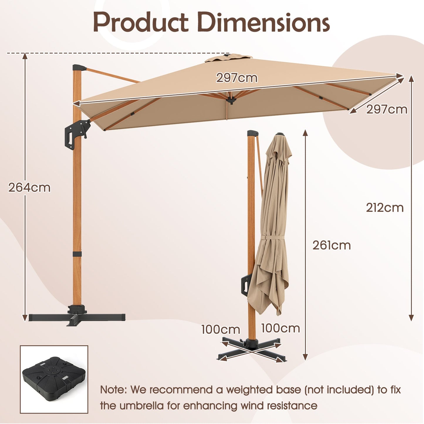 297 cm Outdoor Patio Cantilever Umbrella with 360° Rotation-Beige