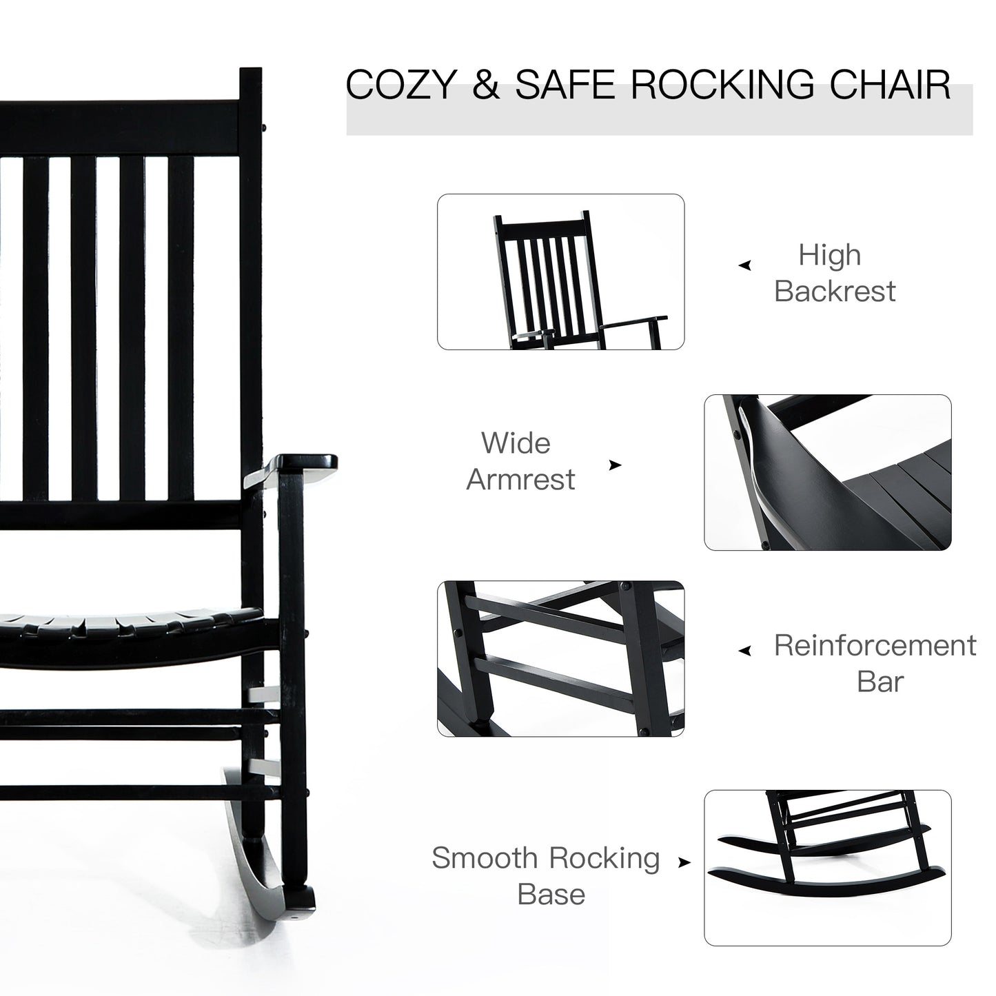 Outsunny Outdoor Porch Rocking Chair Fotel Drewniany Patio Rocker Balkon Taras Ogród Siedzisko Czarny