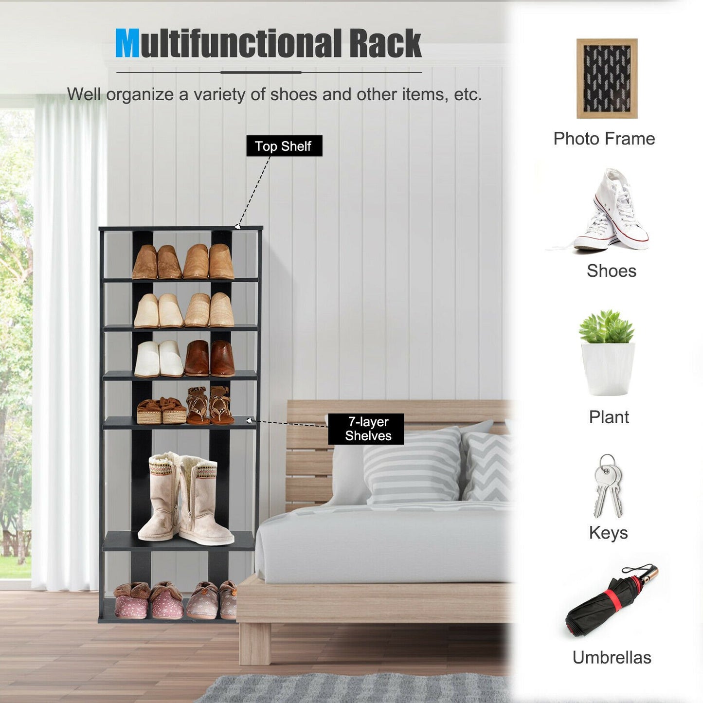 Extra Wide Wooden Vertical Shoe Rack with 7 Shelves-Black