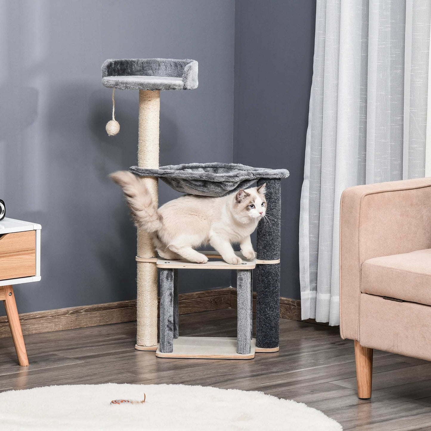 PawHut Cat Tree dla kotów domowych 95 cm wieża wspinaczkowa centrum aktywności dla kociąt z sizalowym słupkiem do drapania grzęda przestronny hamak w mieszkaniu zdejmowana filcowa wisząca zabawka, szary
