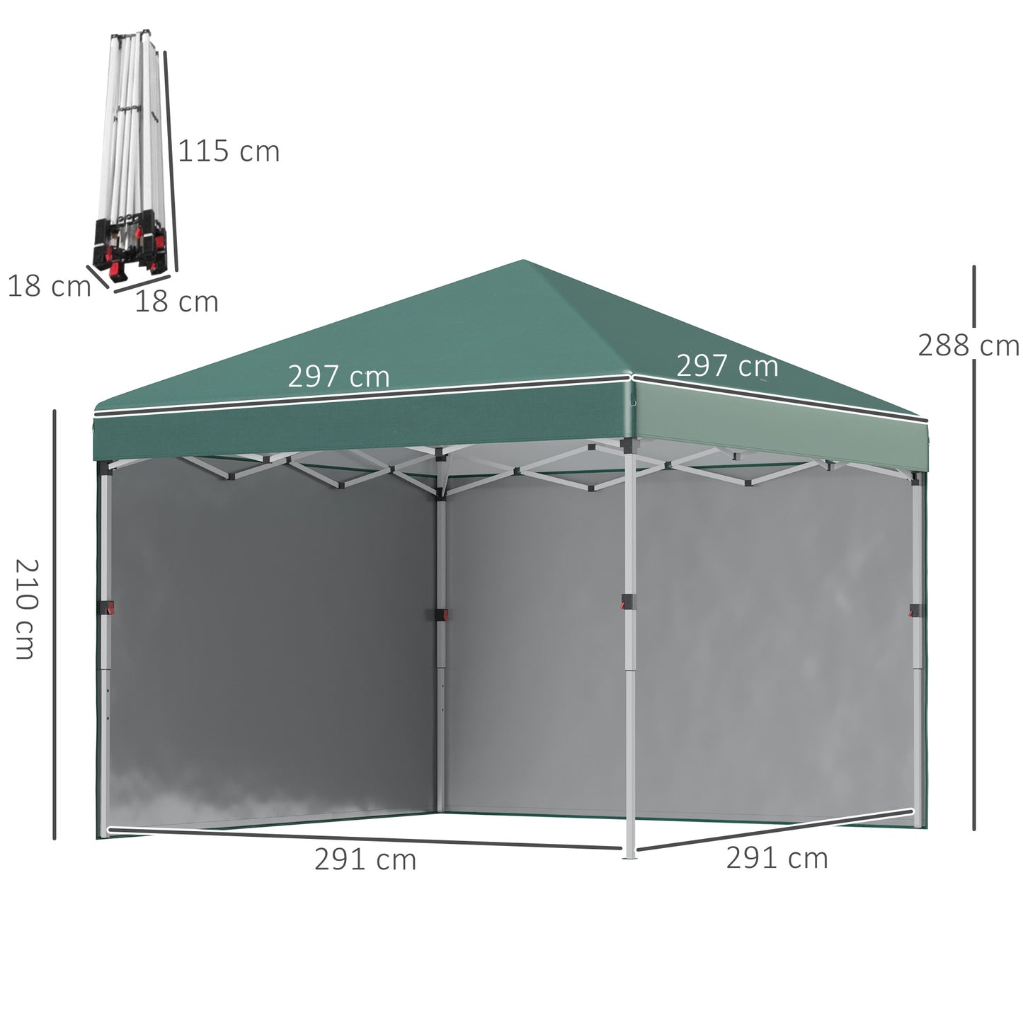Altana rozkładana Outsunny 3 x 3 (M), UPF 30+ z 2 ścianami bocznymi, workami na nogi i torbą na kółkach, namiot imprezowy z regulacją wysokości, do ogrodu, na patio, w kolorze zielonym