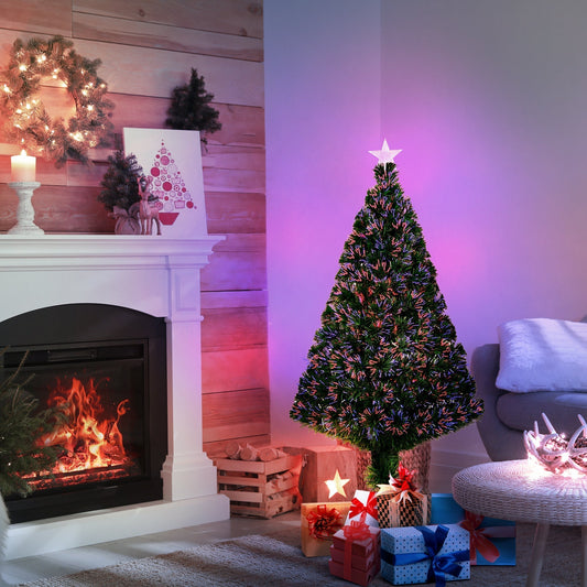 HOMCOM 4FT Pre-Lit Fibre Optic Artificial Christmas Tree Holiday Xmas Decor with Tree Topper Multi-Colour