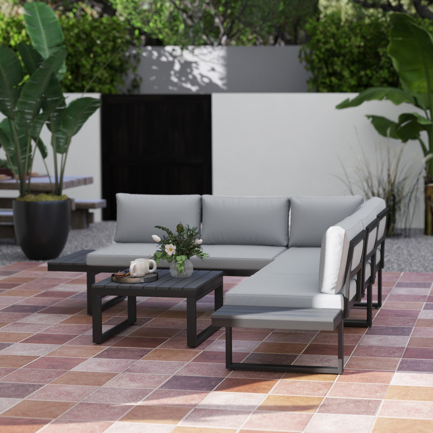 Outsunny 4 Pieces Patio Garden Set with 5-Level Recline Corner Sofa, Outdoor Garden Lounge Sectional Conversation Sofa Set with Cushions, Wood Grain Plastic Table, Black Frame Light Grey Cushion