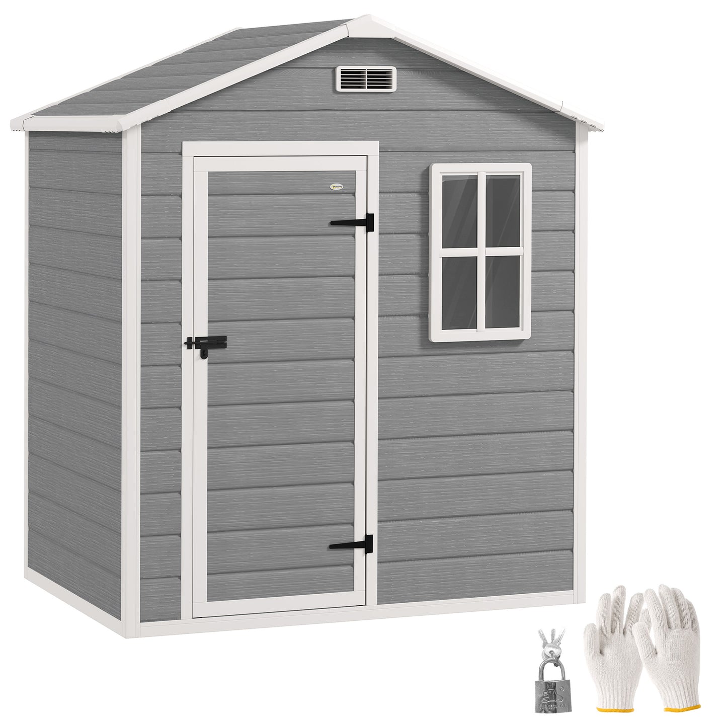 Outsunny 6 x 4ft Garden Shed, plastikowa szopa z podłogą, oknem, zamykanymi drzwiami i otworami wentylacyjnymi, imitacja drewna, szopa narzędziowa z żywicy na zewnątrz, szara
