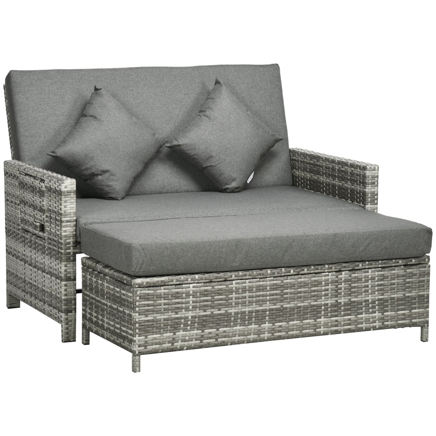Outsunny 2-osobowa składana sofa do ogrodu, patio, meble ogrodowe z rattanu, leżak, leżanka z gąbką ognioodporną - szara