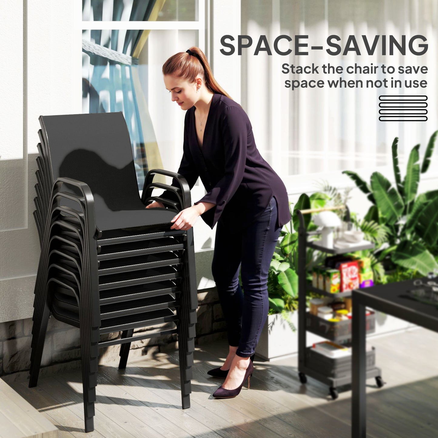 Outsunny 8 Seater Garden Dining Set with Stacking Chairs, Rectangular Tempered Glass Top, Garden Furniture Set, Outdoor Dining Table and Chairs for Patio, Balcony, Poolside, Black