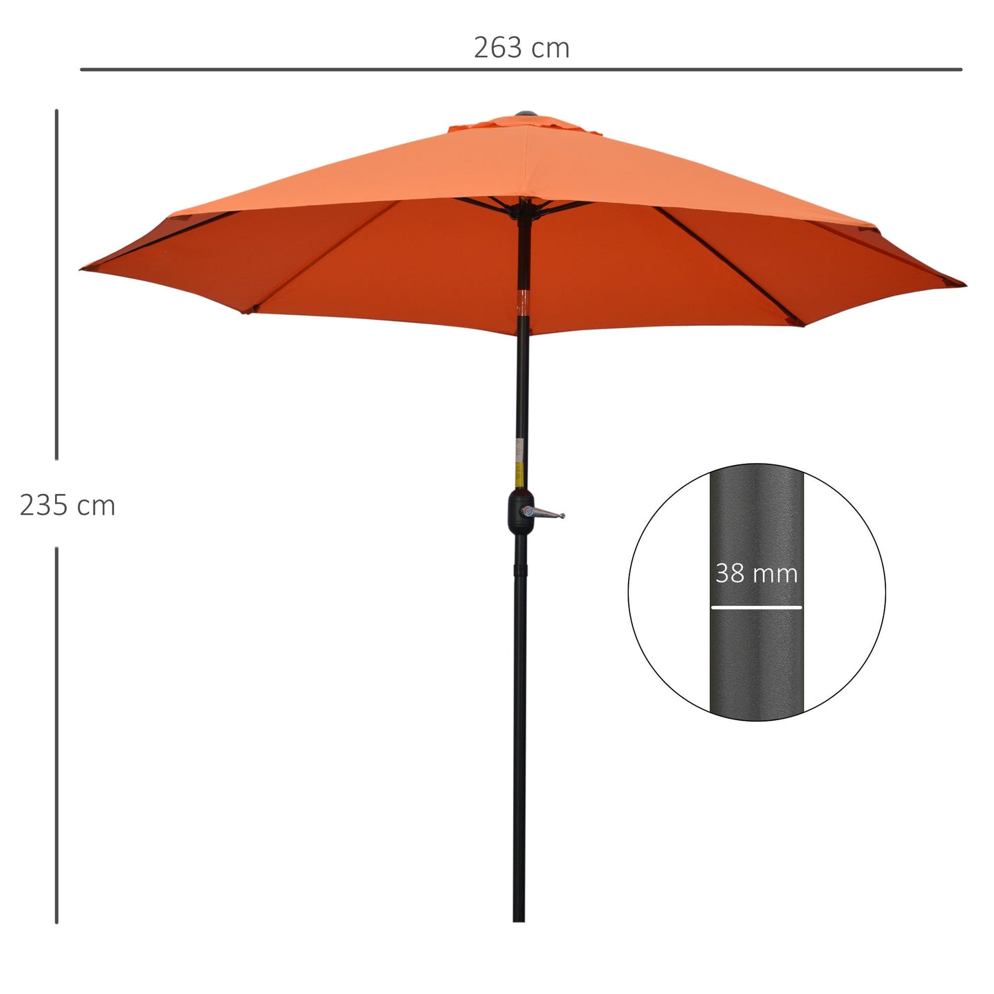 Outsunny 2.6M Parasol tarasowy, parasol przeciwsłoneczny, baldachim z korbą, 8 żeber, aluminiowa rama, pomarańczowy