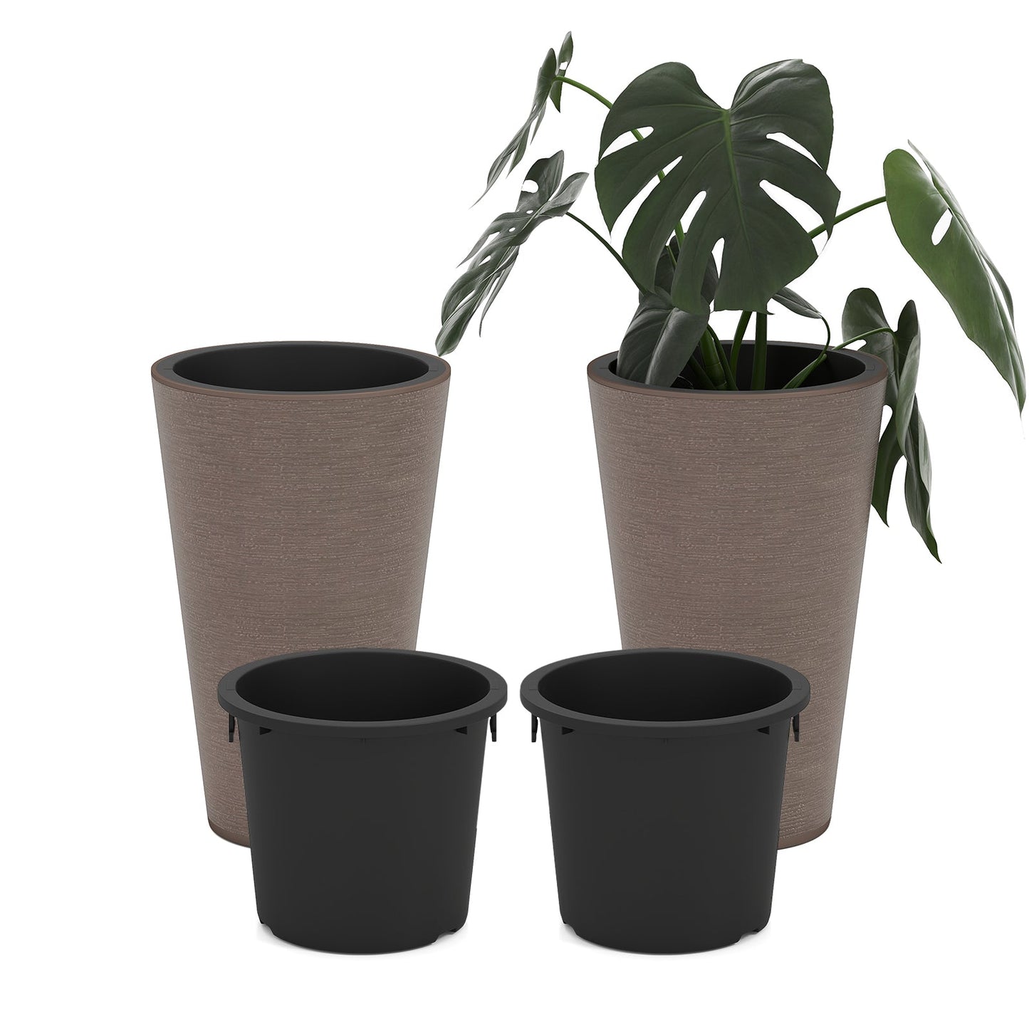 Tall Round Planter Set of 2 with Removable Inner Bucket and Drainage Holes-Brown