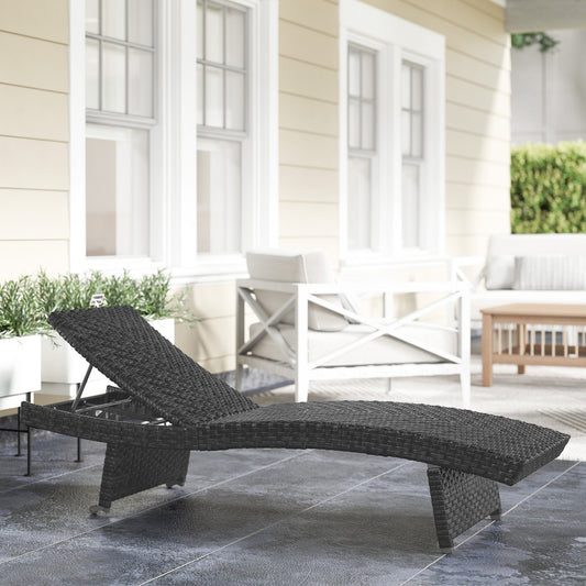 Outsunny Outdoor PE Rattan Sun Lounger, Folding Wicker Garden Lounger Recliner with 4-Level Adjustable Backrest, Rolling Sunbed Lounge Chair with Wheels, Non-Slip Legs for Balcony, Beach, Black
