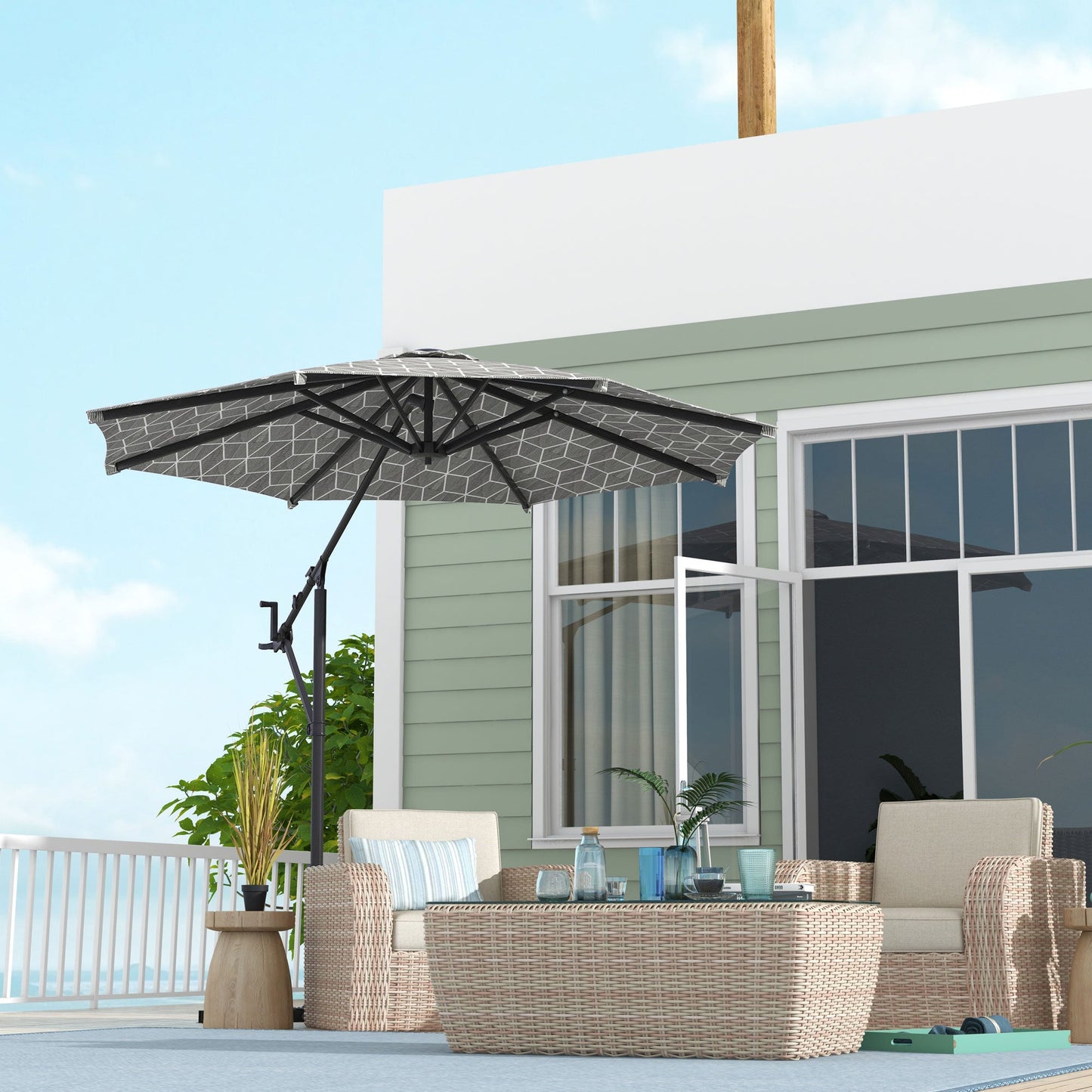 Outsunny 3(m) Convertible Cantilever Parasol and Centre-post Garden Parasol with Cross Base, 360¡ Rotation Banana Parasol with Crank Handle and 8 Ribs, Hanging Patio Umbrella, Black and White