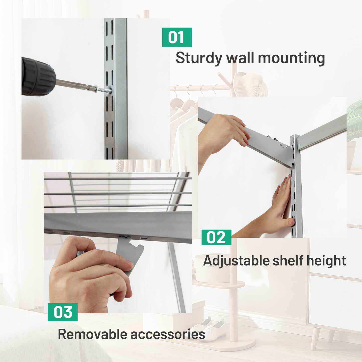 Custom Closet Organizer Kit 3 to 5 Feet Wall-Mounted Closet System with Hang Rod-Gray