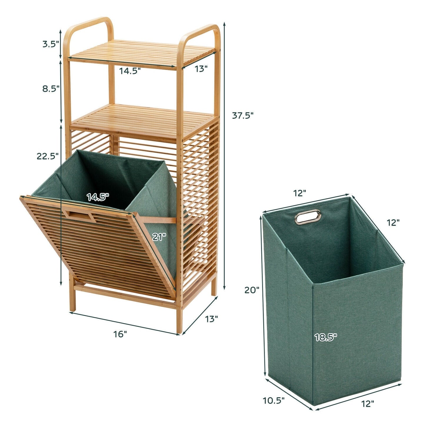 Tilt-out Bamboo Laundry Hamper with 2-Tier Shelf and Removable Liner-Natural