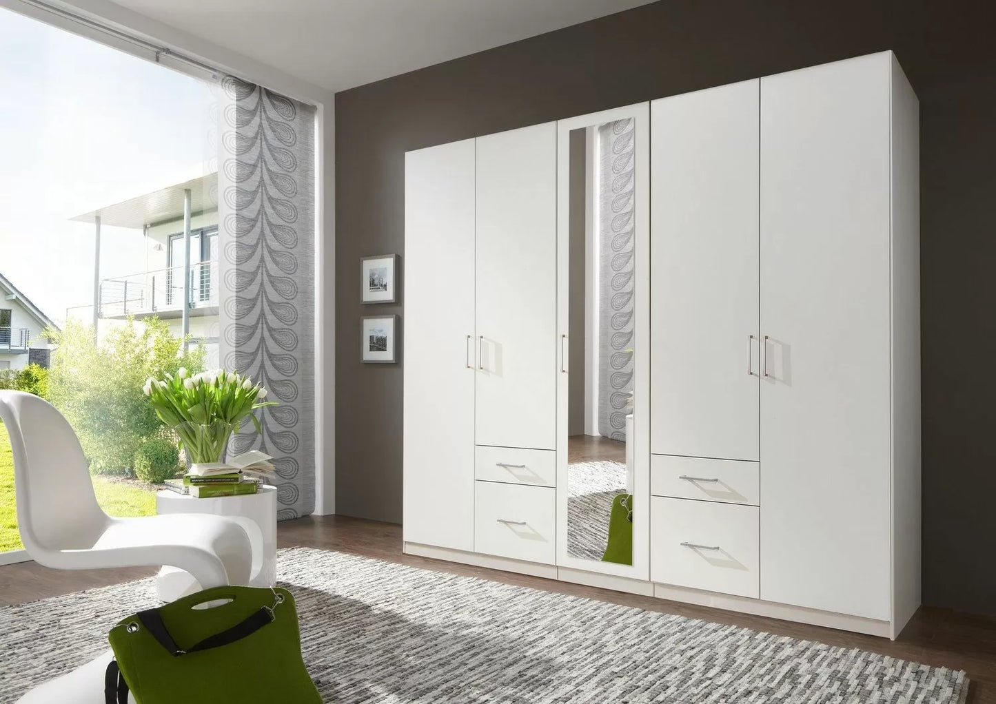 FLOCK 5 Door Mirrored Wardrobe White 225cm
