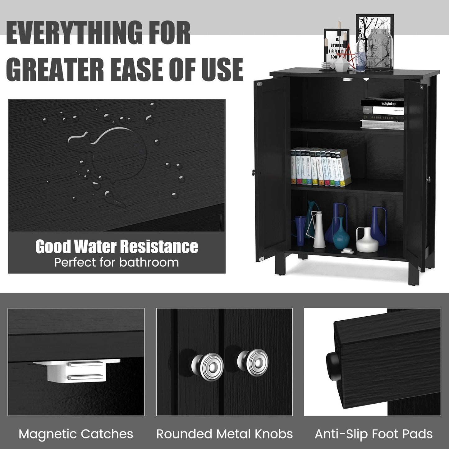 2-Door Freestanding Bathroom Floor Cabinet with Adjustable Shelves-Black