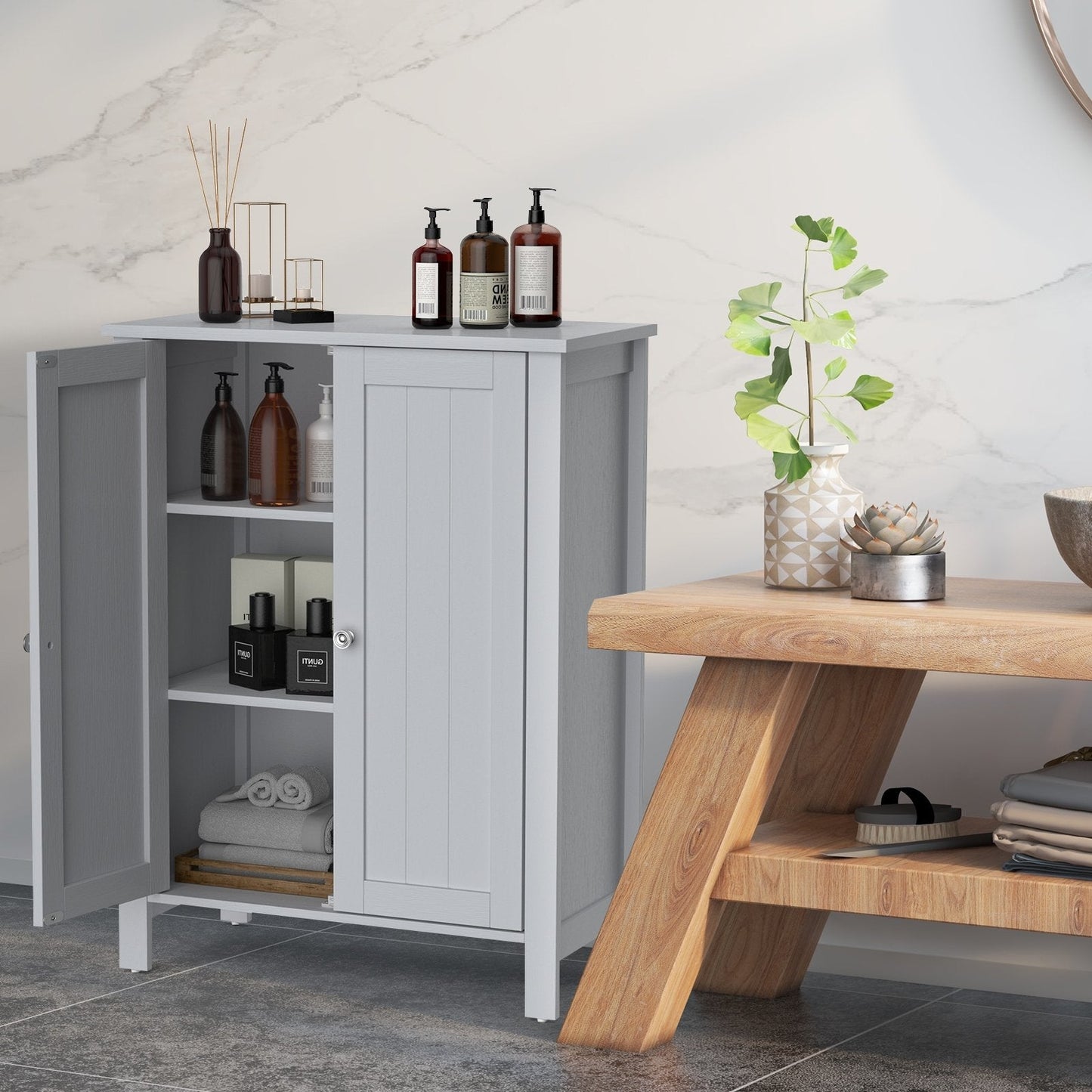 2-Door Freestanding Bathroom Floor Cabinet with Adjustable Shelves-Grey