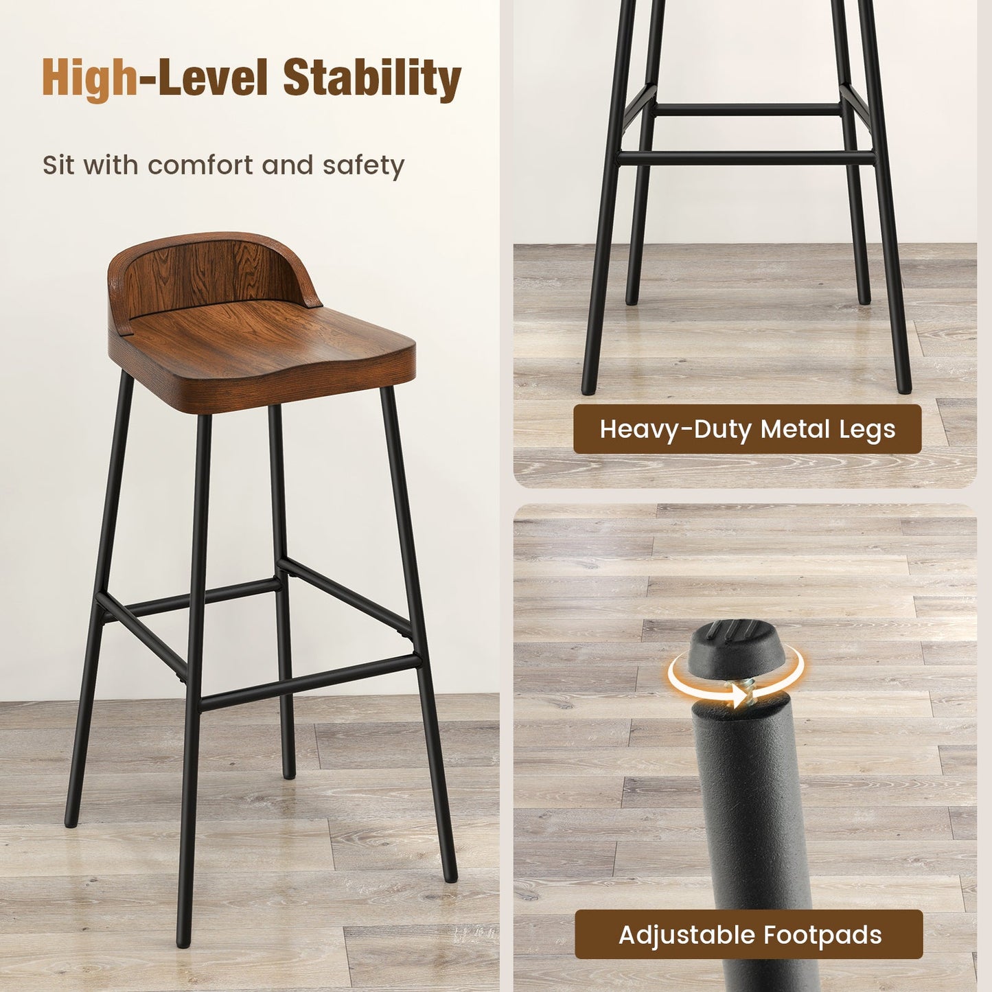 Set of 1/2 29 Inch Industrial Bar Stools with Low Back and Footrests-Set of 2