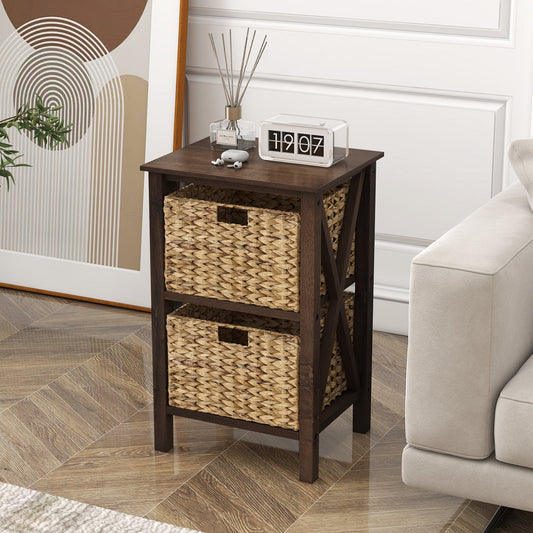 Set of 2 Nightstands Drawer Sofa Side Table with Seagrass Baskets-Walnut-2-Tier
