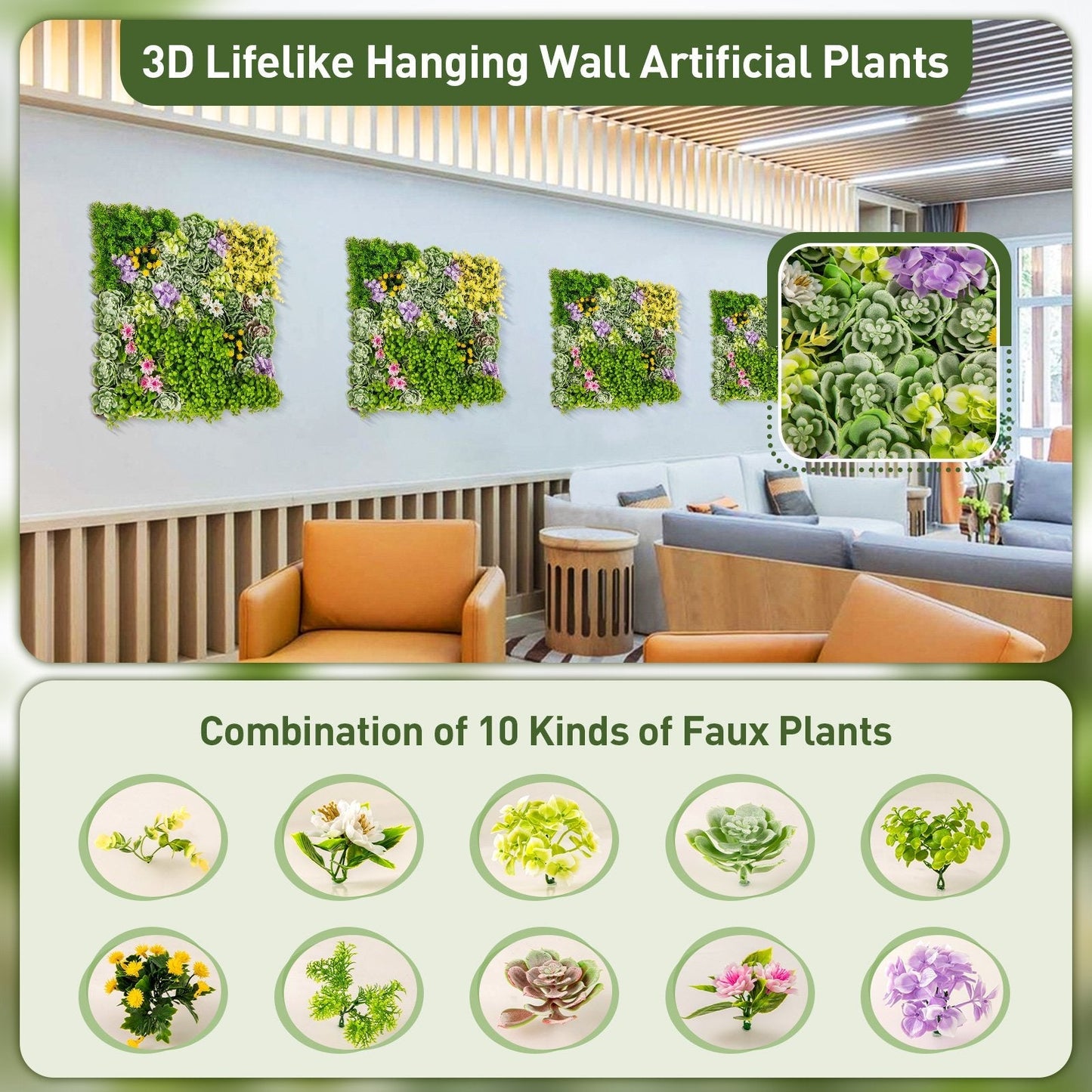 2 Pack Square Framed Artificial Foliage Wall Art with 10 Types of Mixed Faux Plants