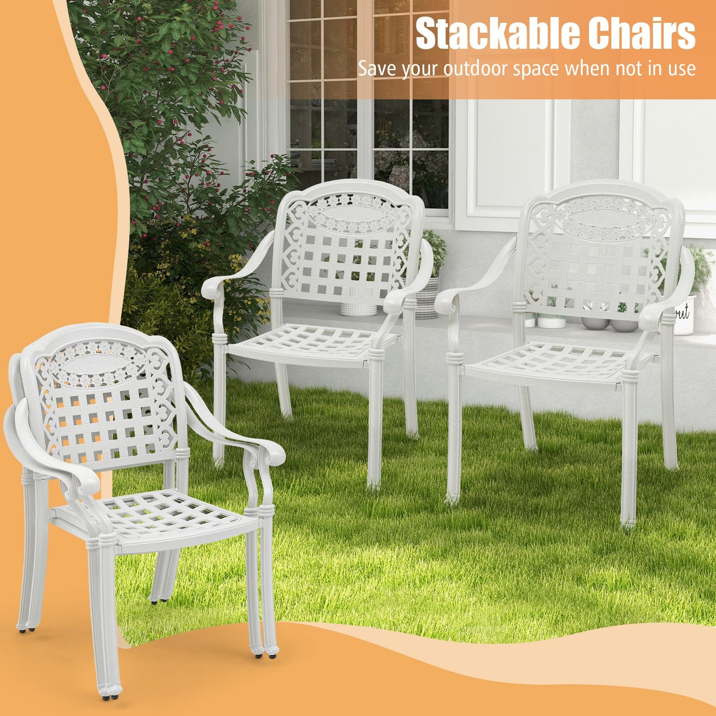 Cast Aluminum Patio Chairs Set of 2 Dining Stackable Outdoor-White