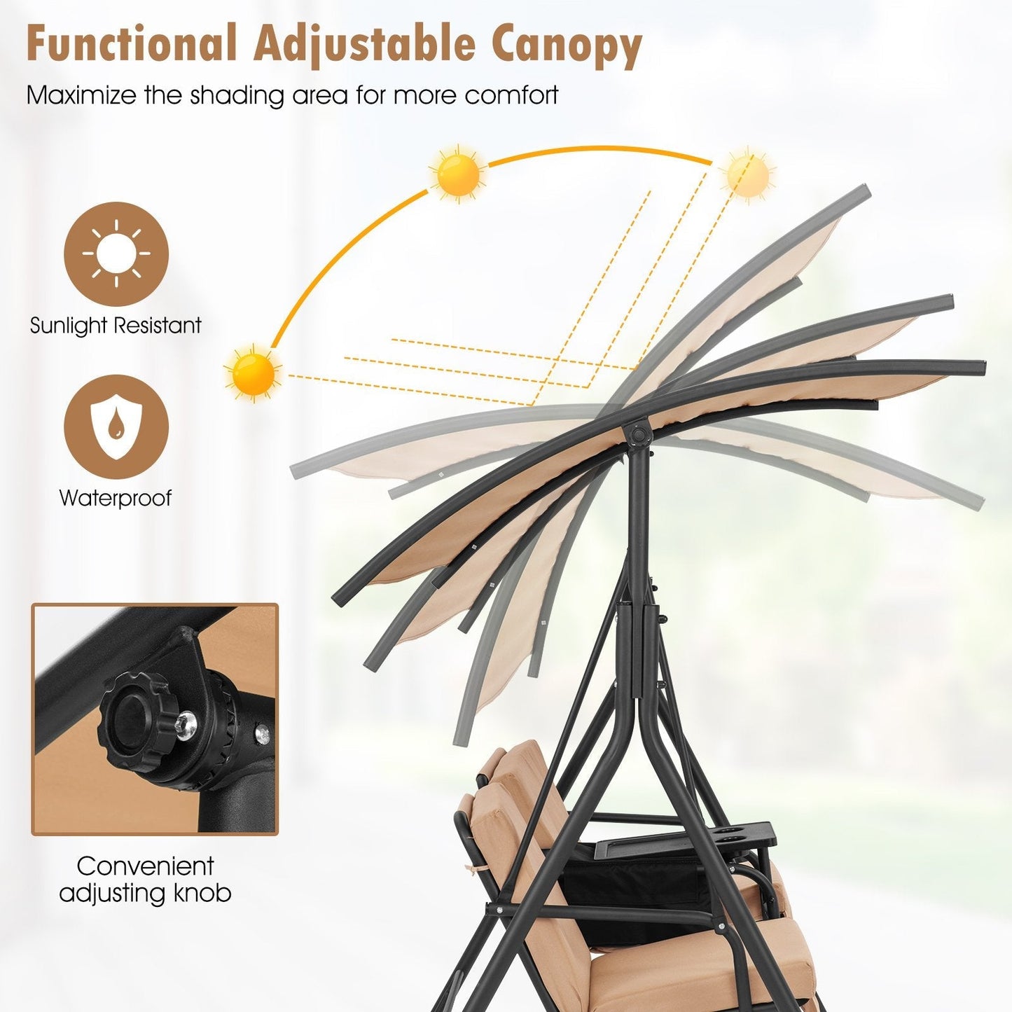 2 Person Outdoor Porch Swing with Canopy and 23L Cooler Bag-Brown