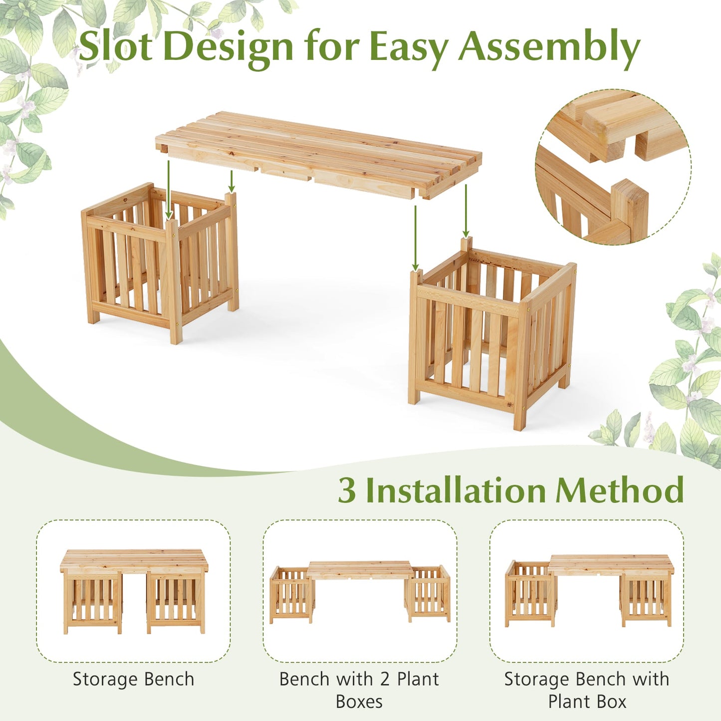 2 Person Patio Wooden Bench with Planter and 2 Side Flower Box-Natural