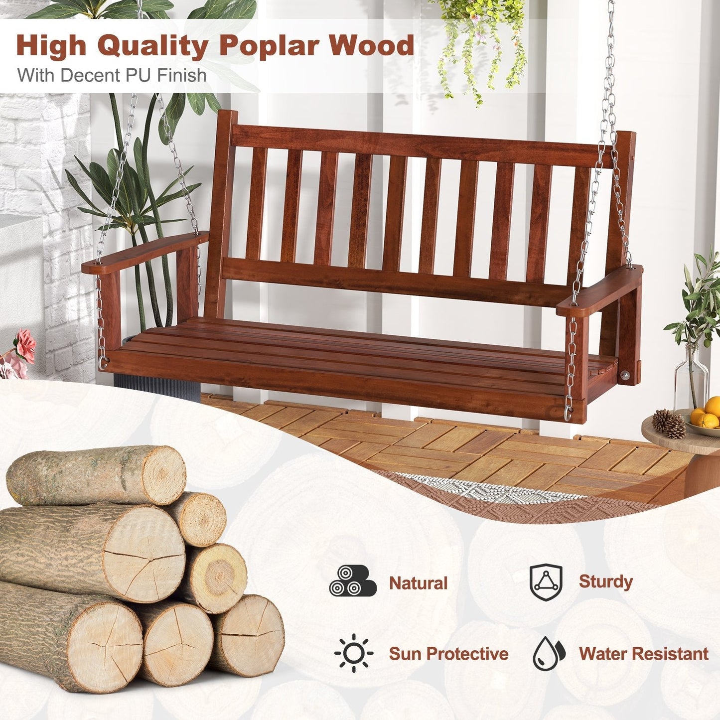 2/3 Person Wooden Outdoor Porch Swing with Adjustable Upper Chains-Brown-2 Person