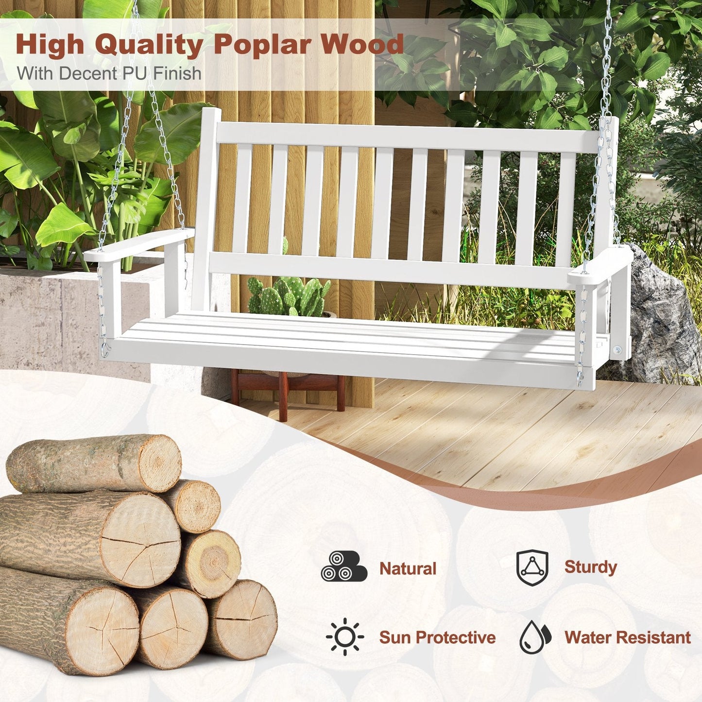2/3 Person Wooden Outdoor Porch Swing with Adjustable Upper Chains-White-2 Person