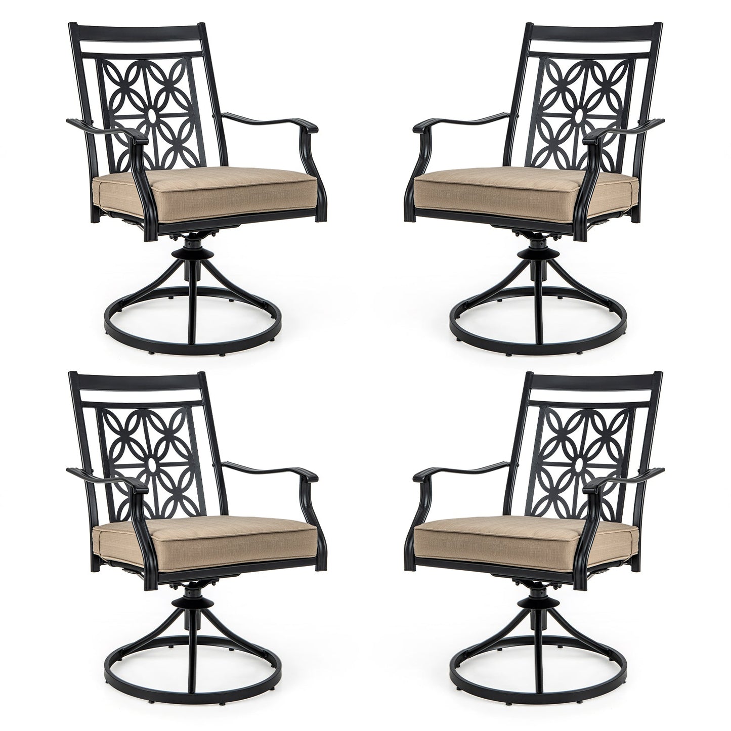 2 Pieces Outdoor Bistro Dining Chair Set Swivel Chairs with Blossom Pattern Backrest-Khaki